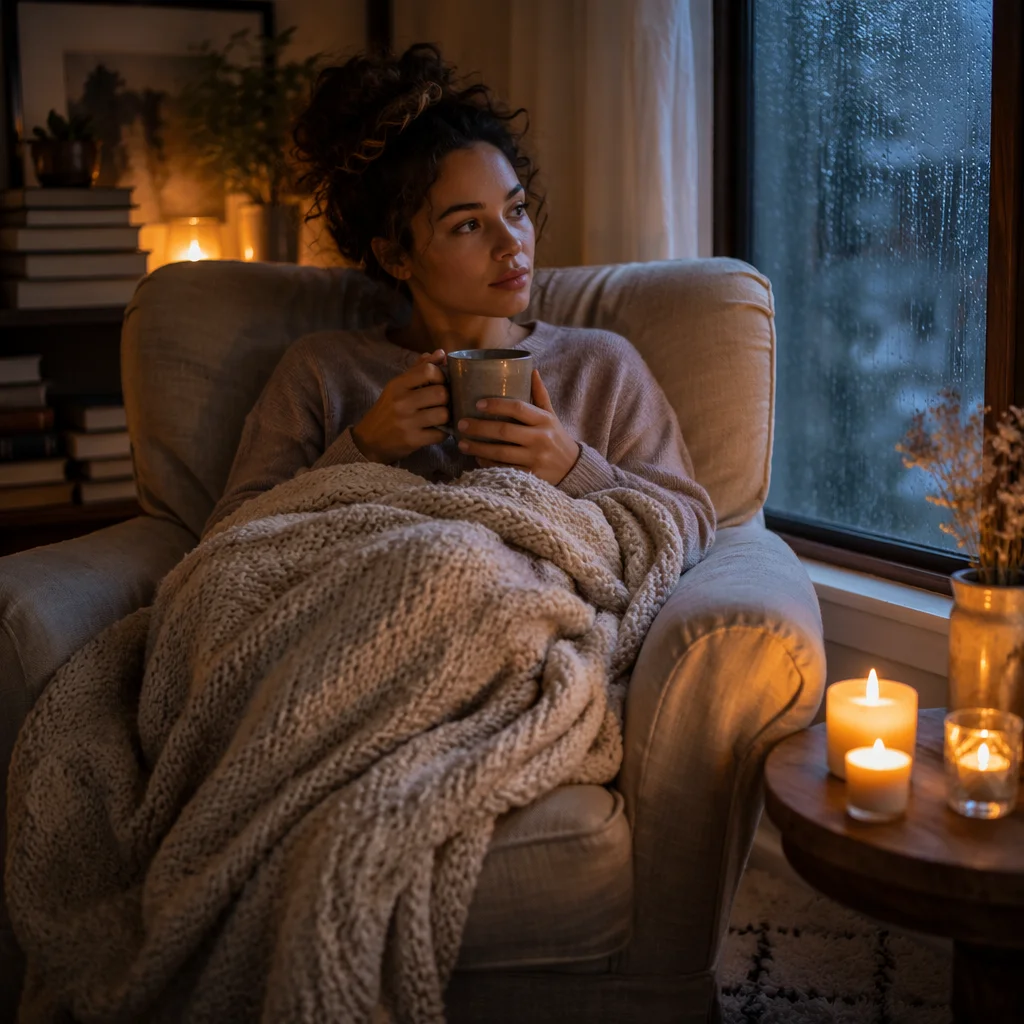Woman in Armchair by Candlelit Window