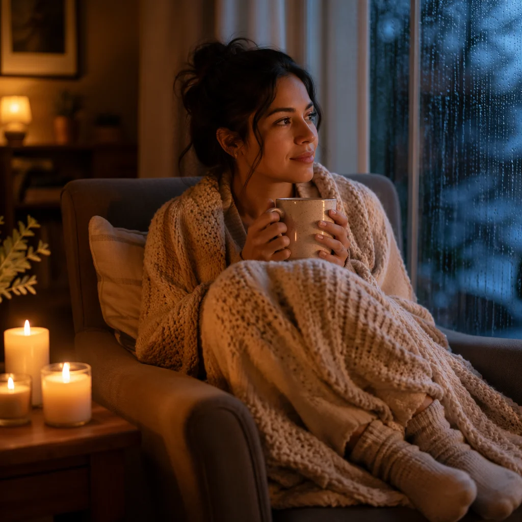 Woman Wrapped in Blanket by Window