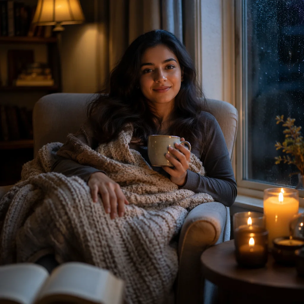 Woman Wrapped in Blanket by Candlelight