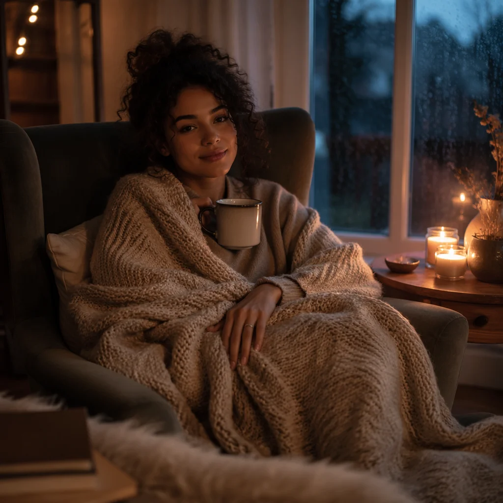 Woman in Armchair with Blanket and Candles