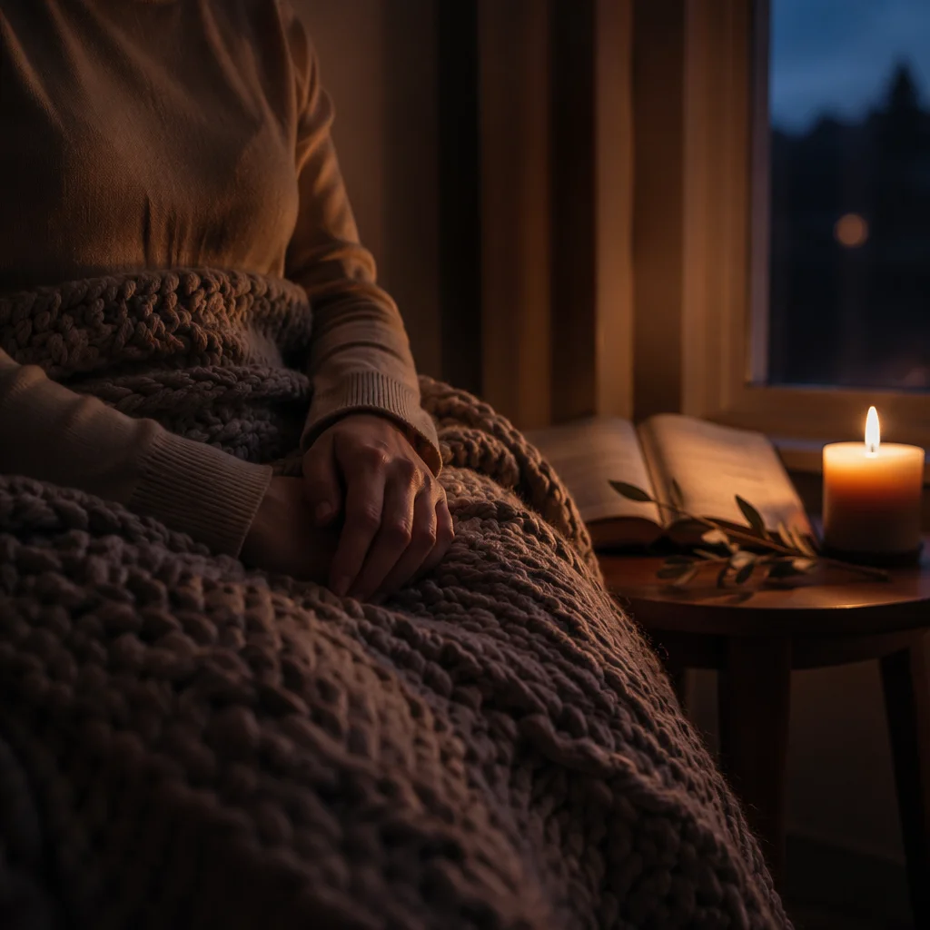 Warm Candlelit Prayer with Knitted Blanket