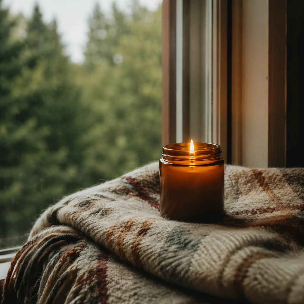 Comforting Candlelight on Warm Plaid Blanket