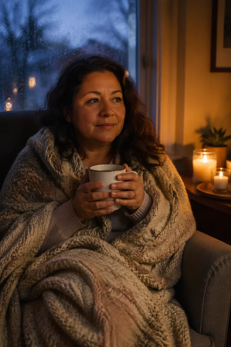 Woman Wrapped in Blanket by Candlelight