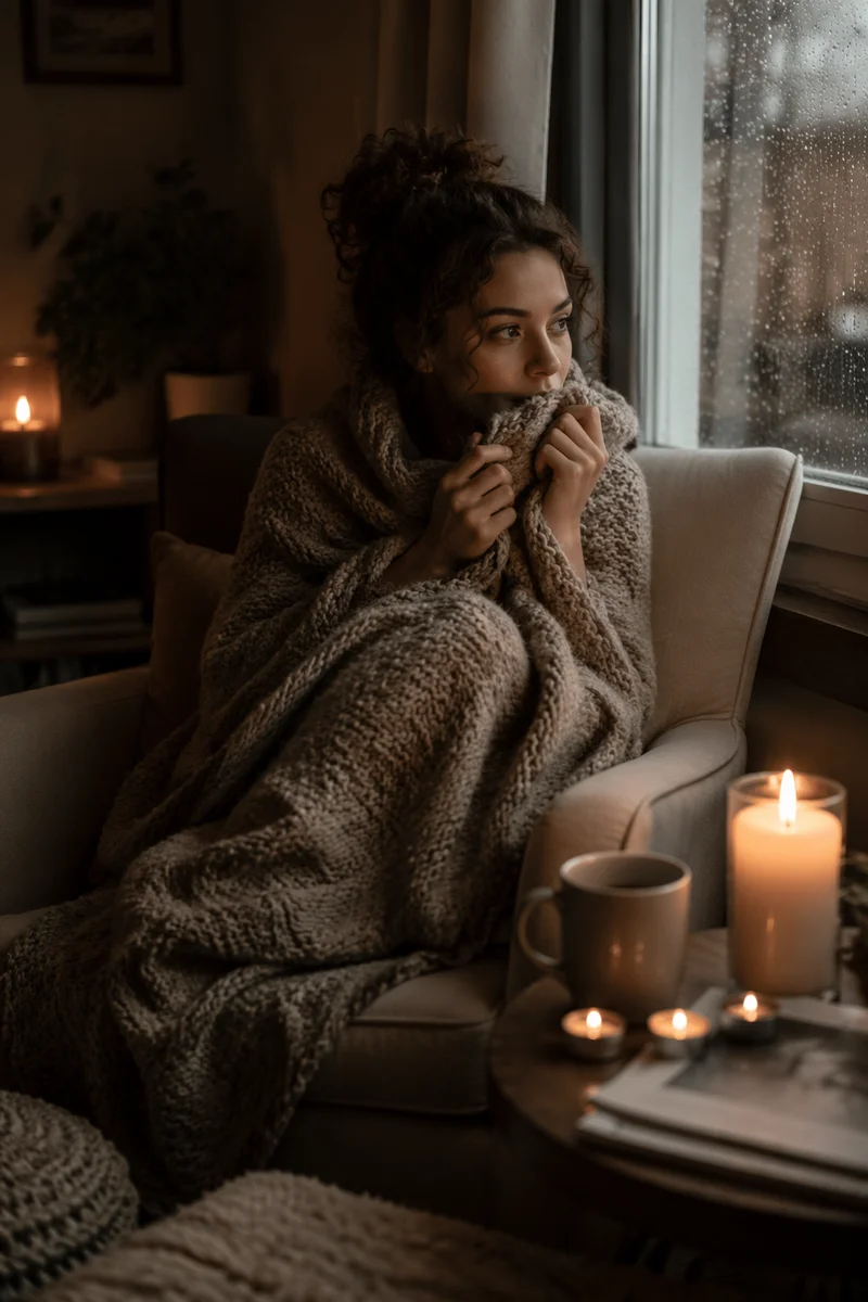 Woman Wrapped in Blanket by Window
