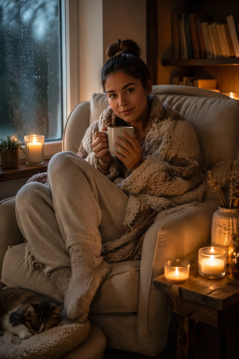 Woman in Armchair by Candlelit Window