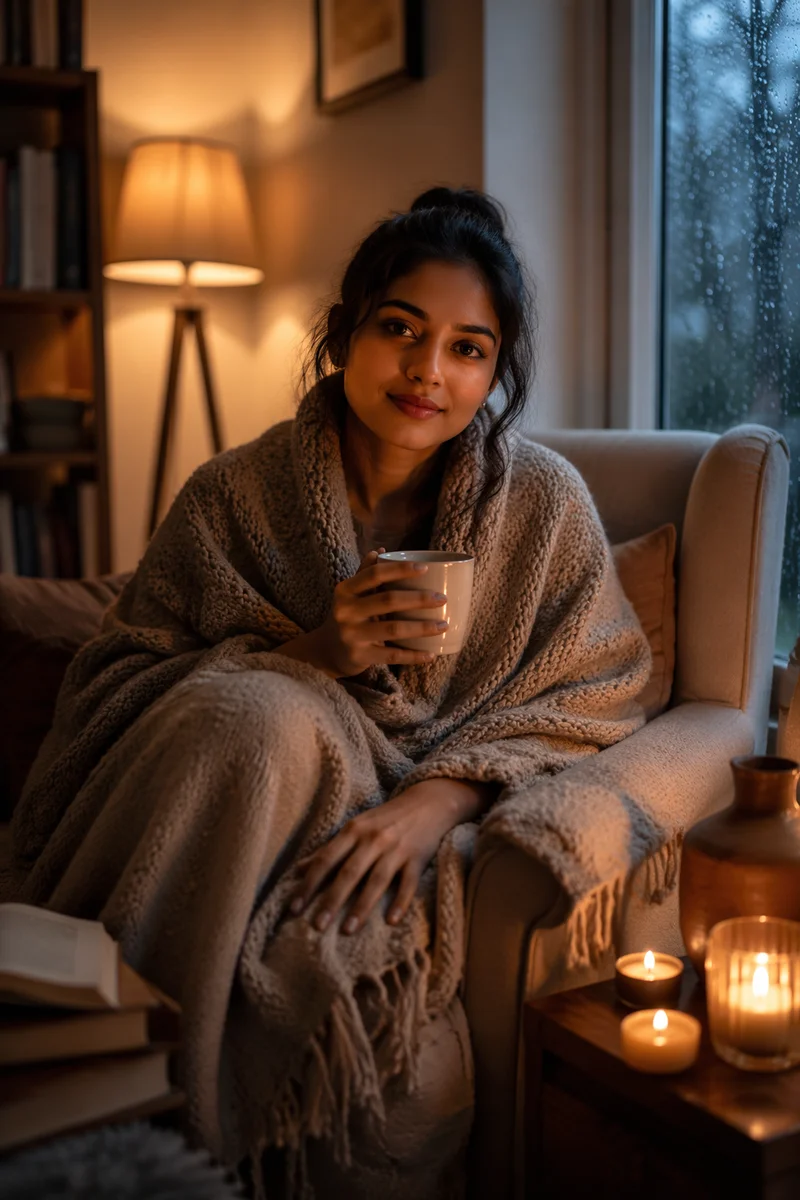Woman Wrapped in Blanket by Candlelight