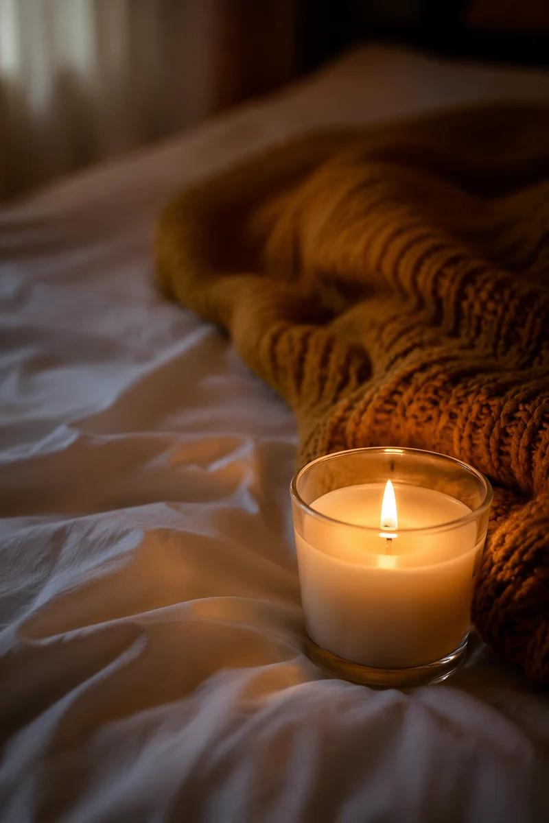 Warm Candlelight Comfort on White Bedding