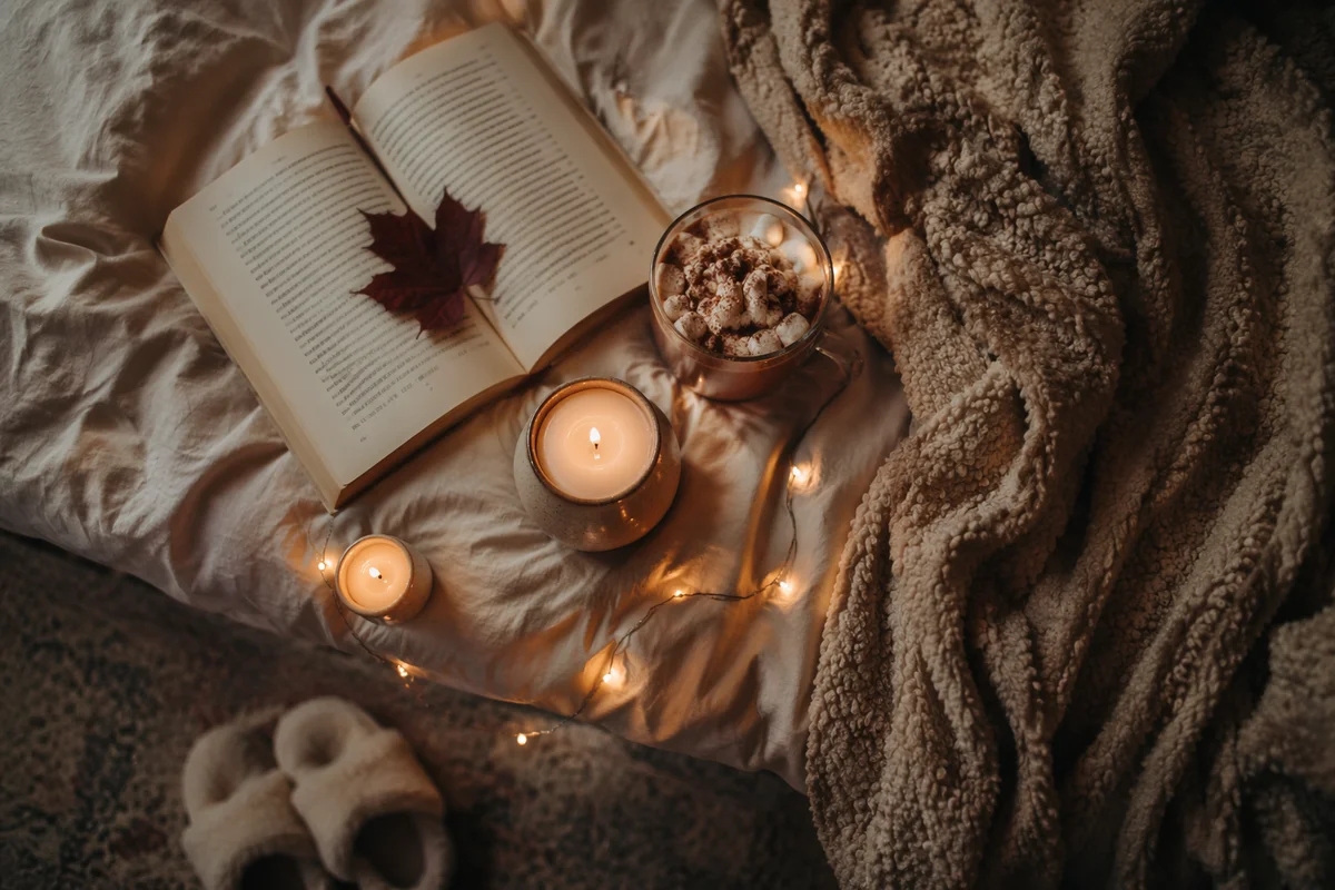 Warm Candlelit Comfort With Book and Blanket
