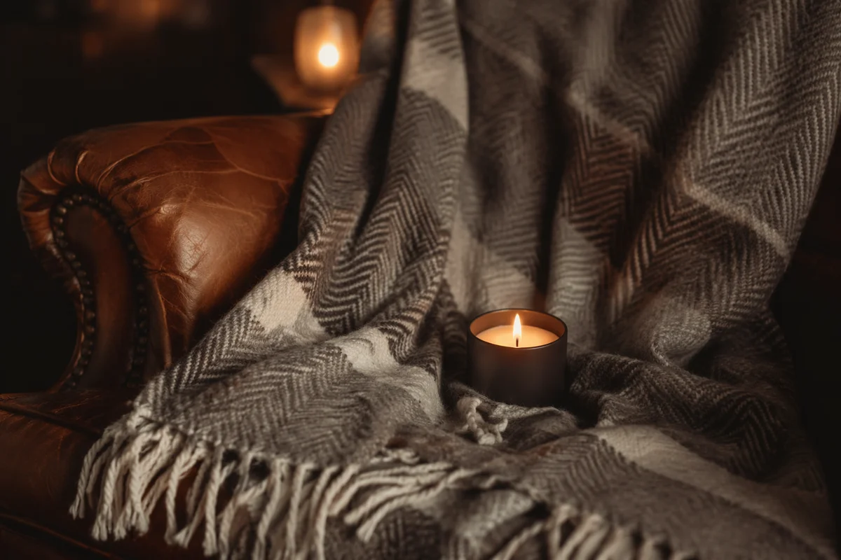 Warm Candlelight on Cozy Wool Blanket