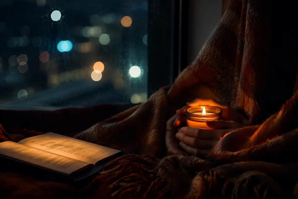 Candlelit Comfort Under a Warm Blanket