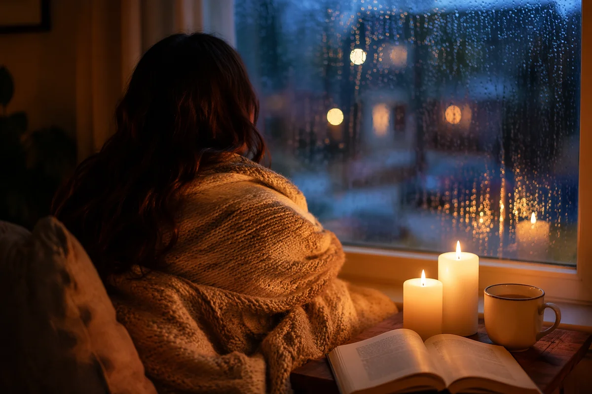Candlelit Blanket Comfort at Rainy Dusk