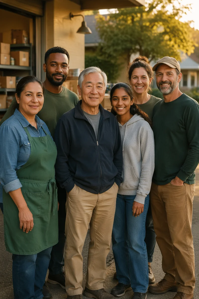 Community Volunteers Outside Food Pantry Together