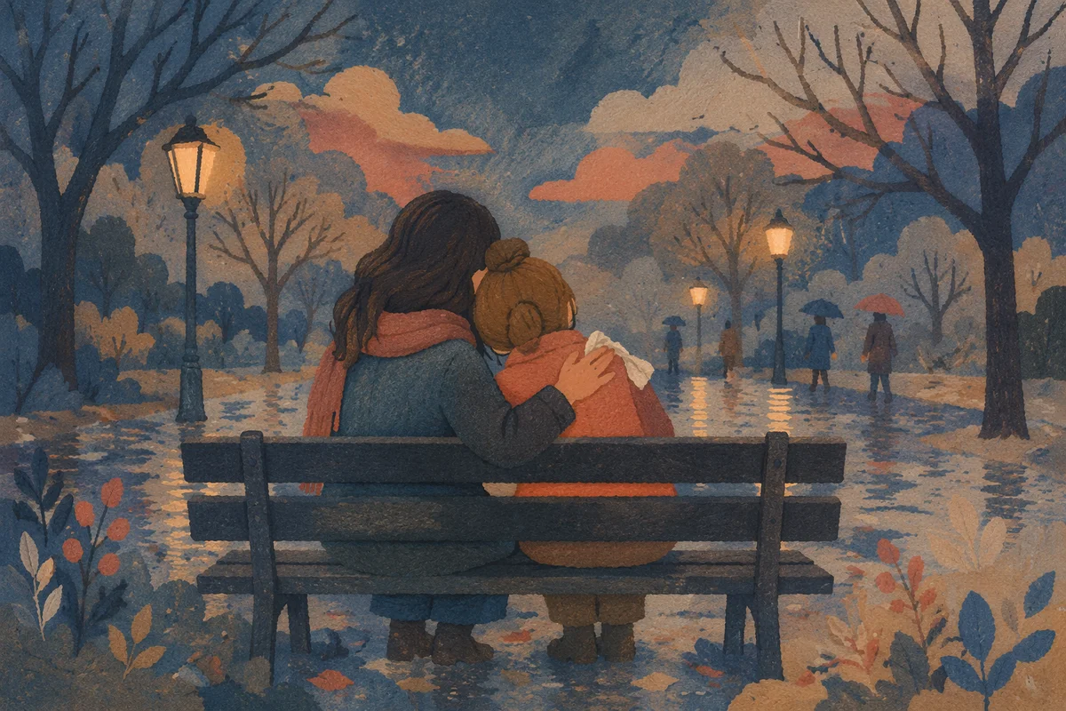 Compassionate Friends Embracing on Rainy Park Bench