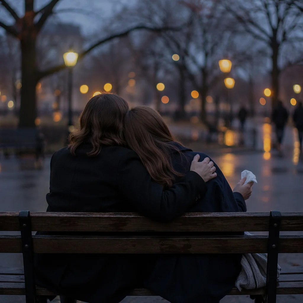 Compassionate Friends Embracing on Rainy Park Bench