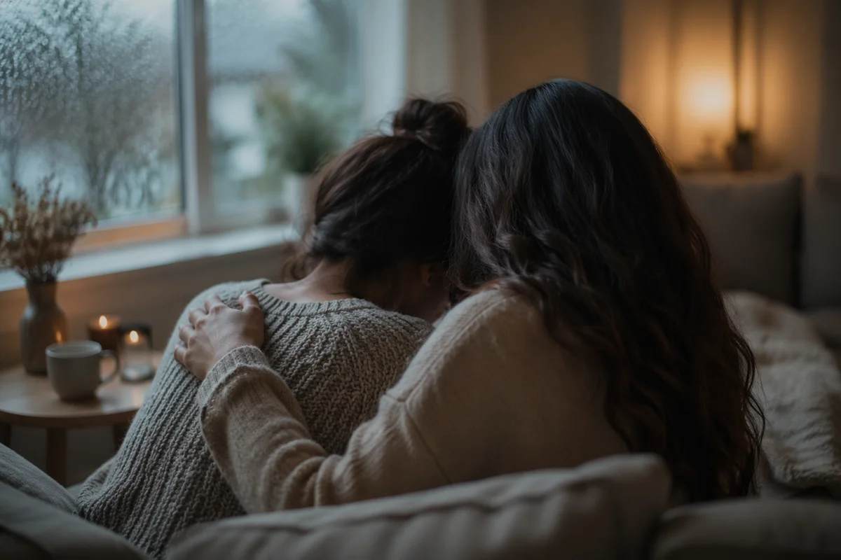 Compassionate Friend Comforting on Rainy Sofa