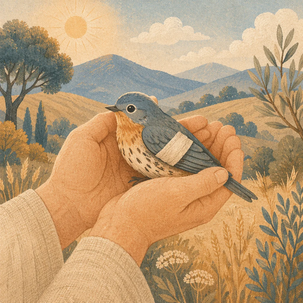 Compassionate Hands Holding Injured Songbird