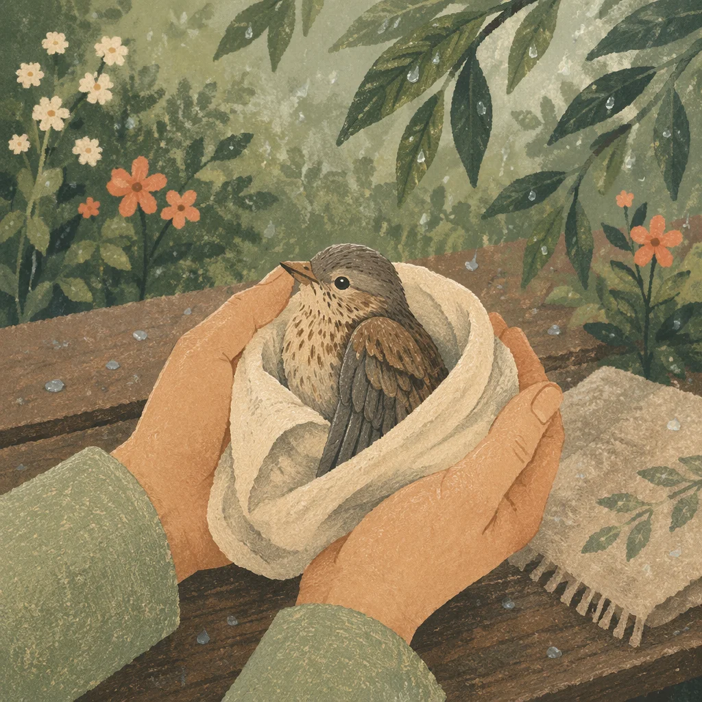 Compassionate Hands Cradling an Injured Bird