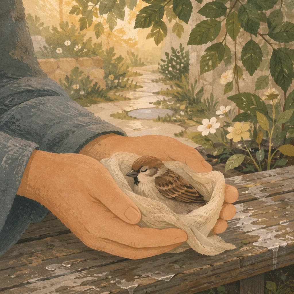 Compassionate Hands Holding a Wounded Sparrow
