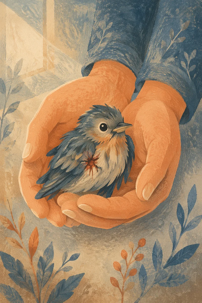 Compassionate Hands Holding a Wounded Songbird