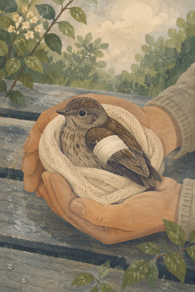 Compassionate Hands Cradling an Injured Bird