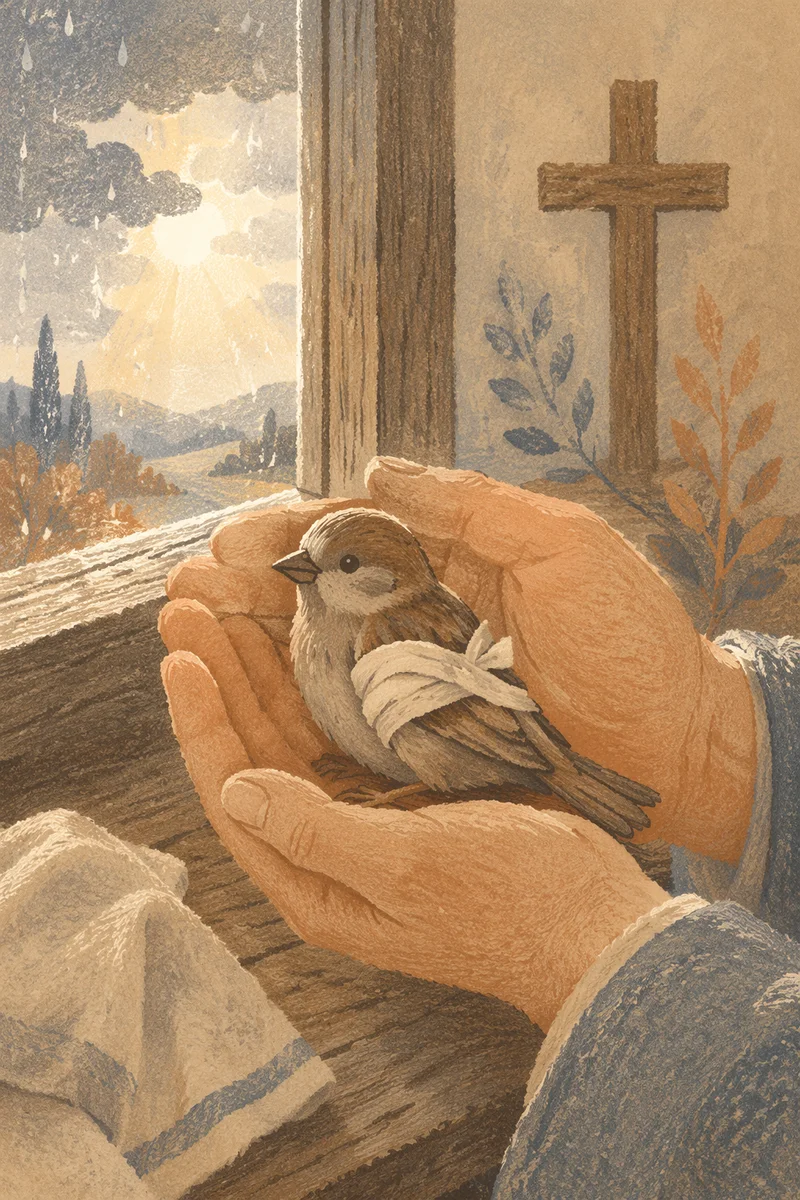 Compassionate Hands Holding a Wounded Sparrow