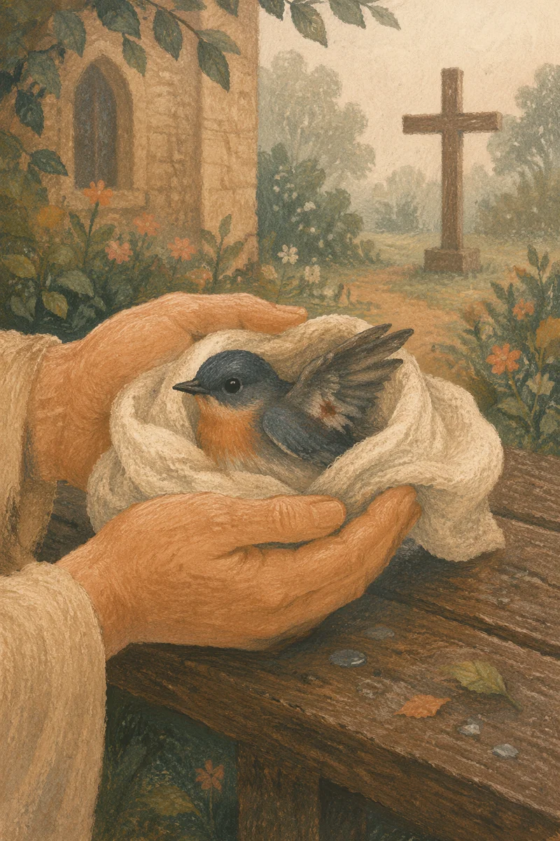 Compassionate Hands Cradling Wounded Songbird
