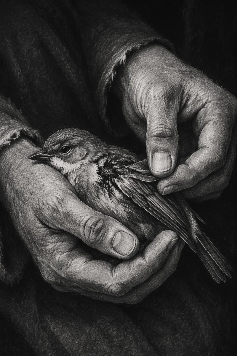Compassionate Hands Holding an Injured Songbird