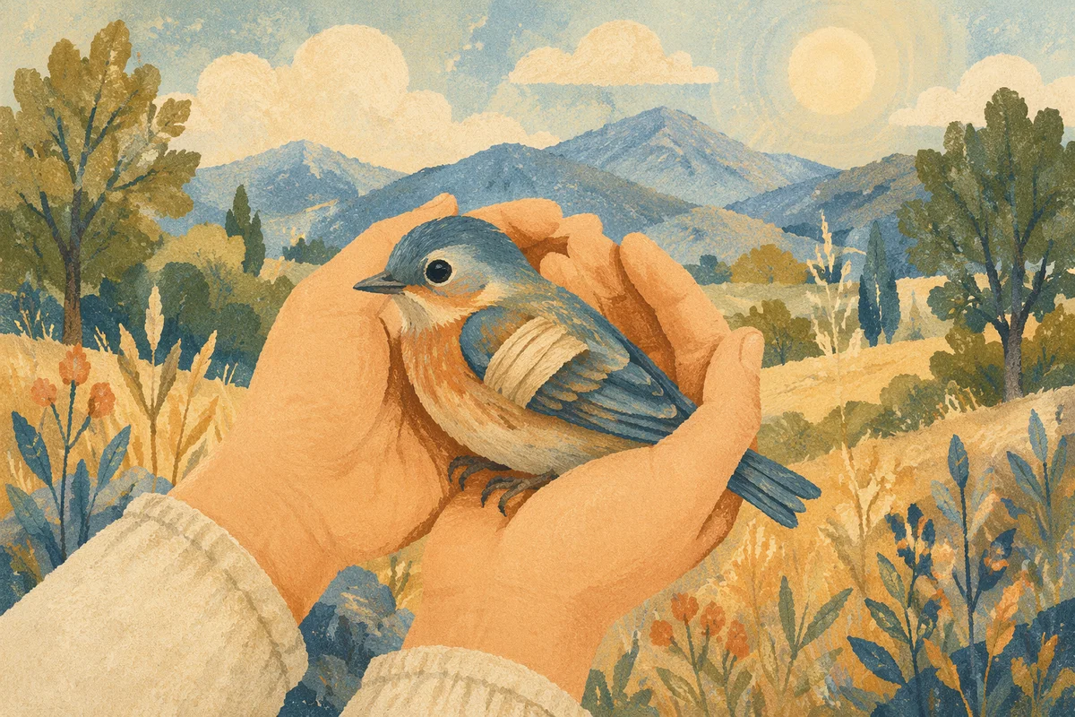 Compassionate Hands Cradling Injured Songbird