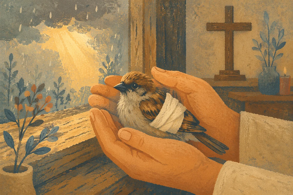 Compassionate Hands Holding a Wounded Sparrow