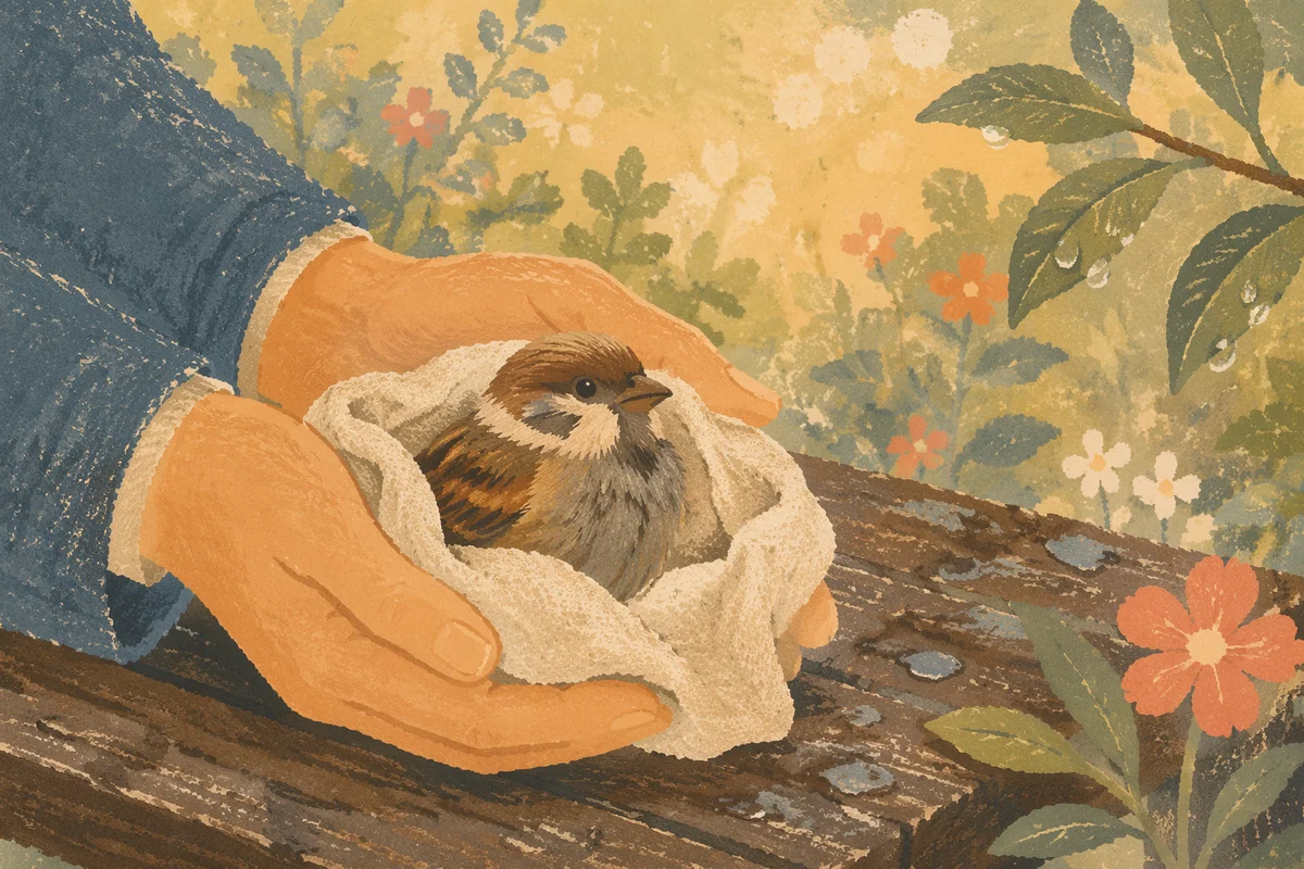 Compassionate Hands Holding a Wounded Sparrow
