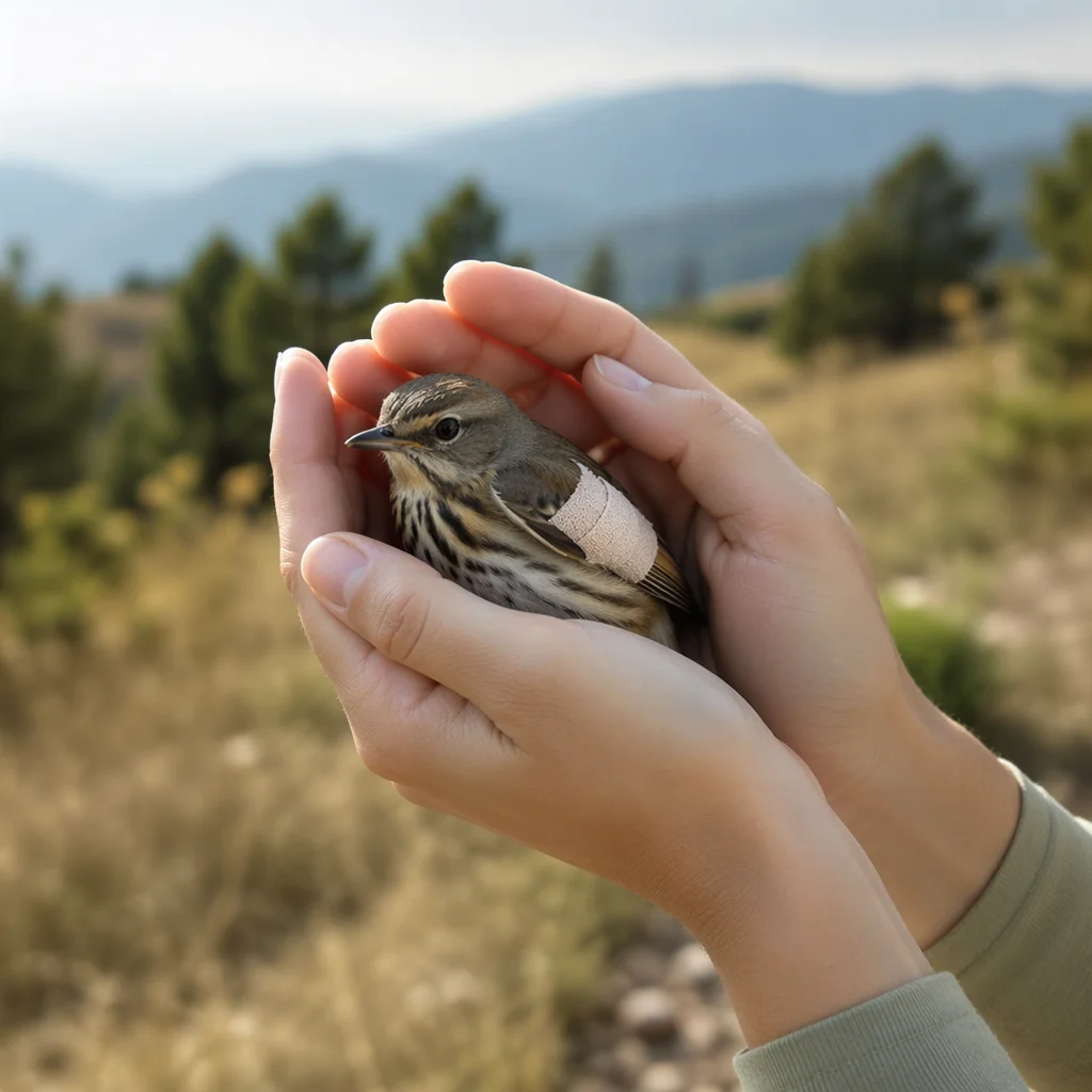 Compassionate Hands Holding an Injured Songbird