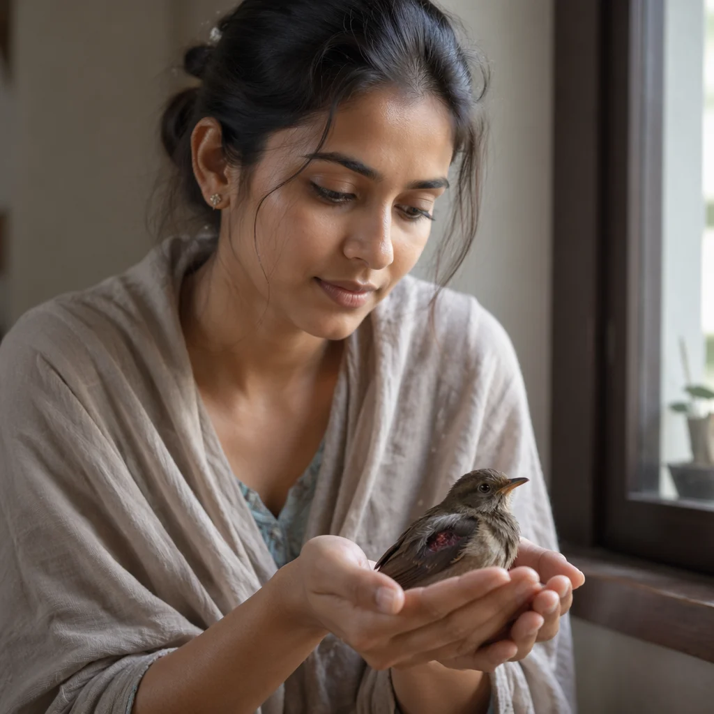 Woman Gently Holding Injured Songbird Indoors