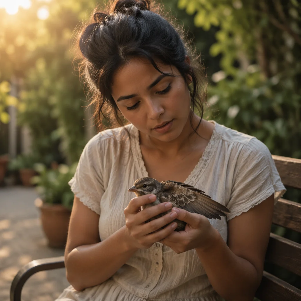Woman Gently Holding Injured Wild Bird