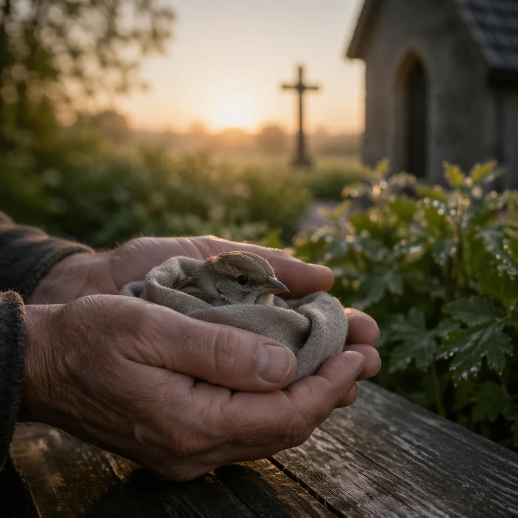 Compassionate Hands Holding an Injured Sparrow