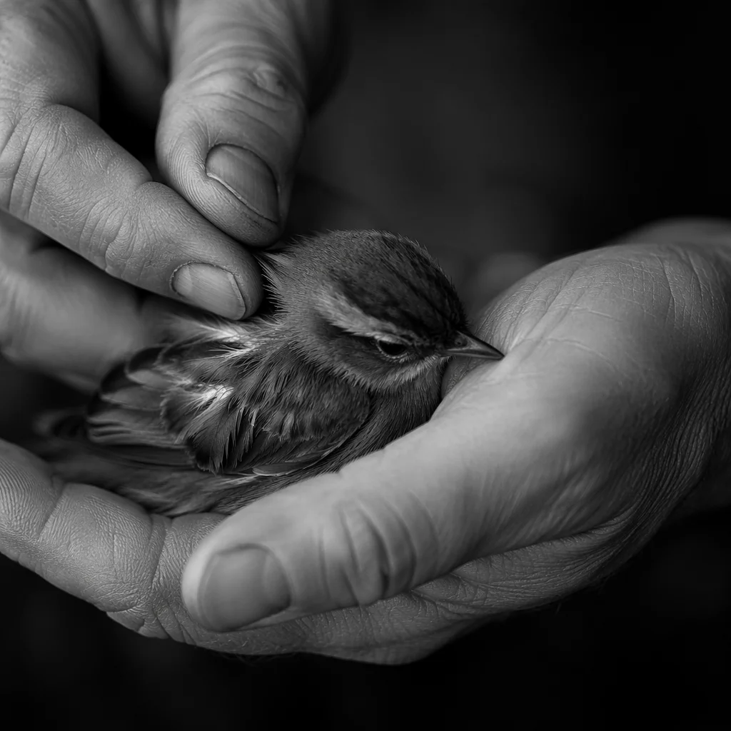 Compassionate Hands Cradling an Injured Songbird