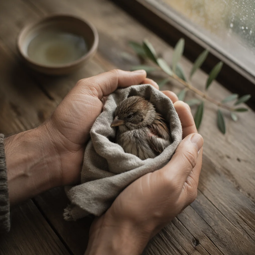 Compassionate Hands Holding a Wounded Sparrow