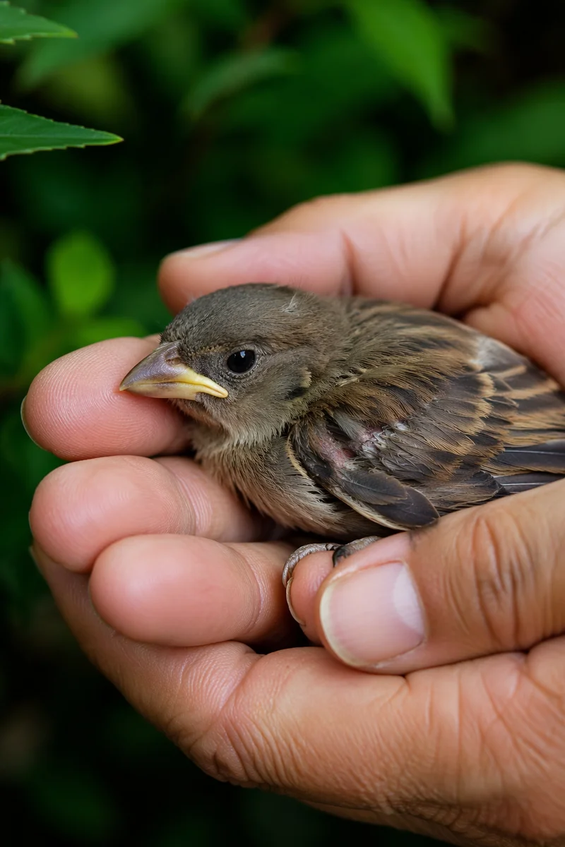 Compassionate Hands Cradling Injured Fledgling