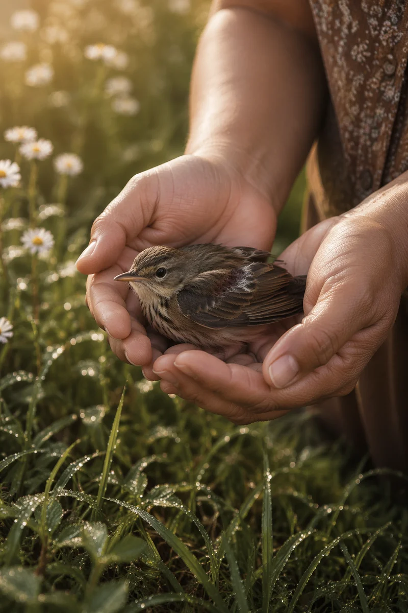 Gentle Hands Holding Injured Songbird