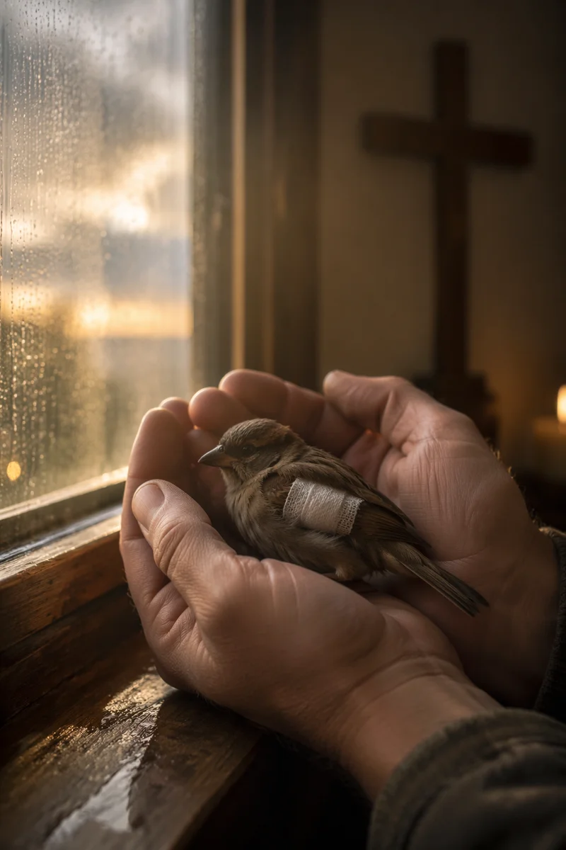 Compassionate Hands Holding a Wounded Sparrow
