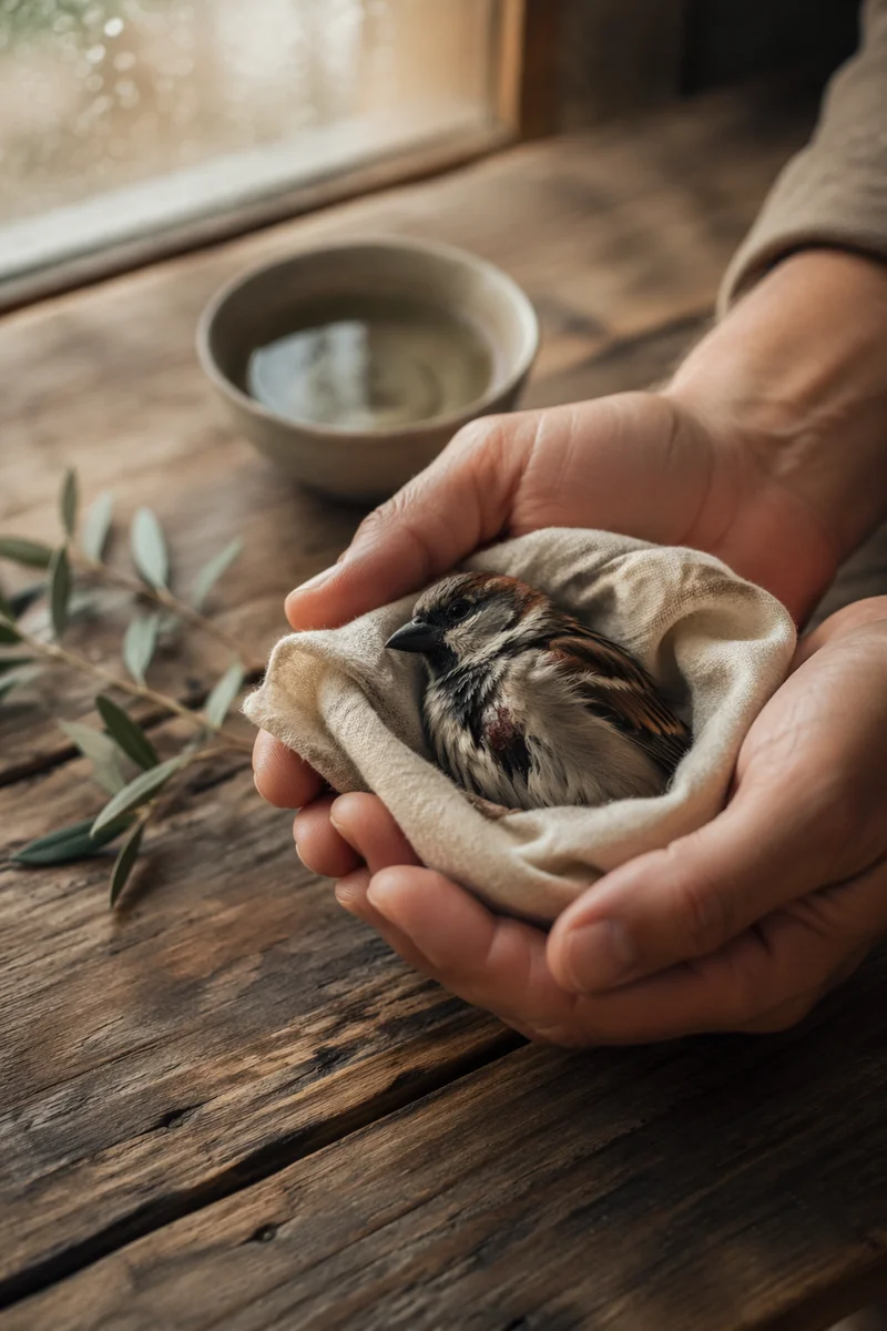 Gentle Hands Caring for Wounded Sparrow