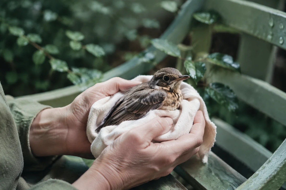 Compassionate Hands Holding Injured Bird