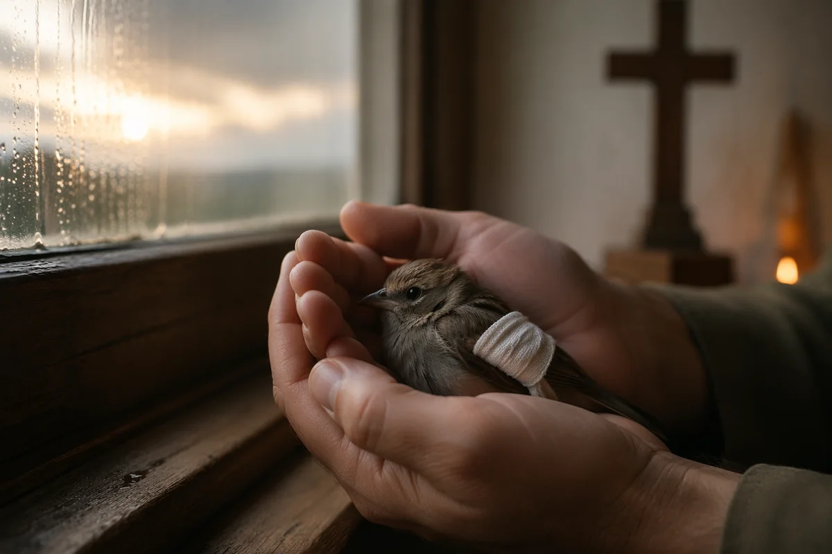 Compassionate Hands Cradling a Wounded Sparrow
