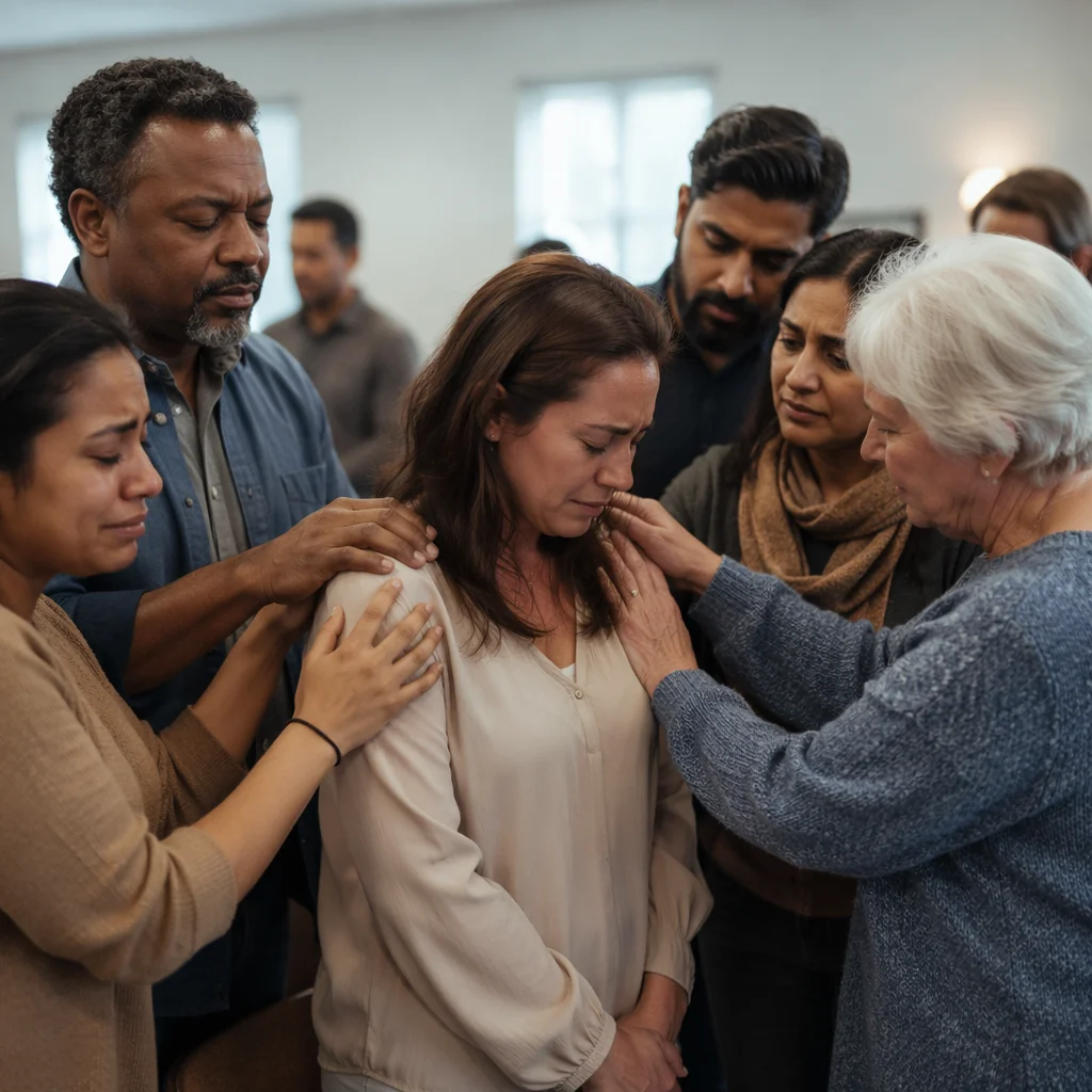 Congregation Praying Around Woman in Community Hall