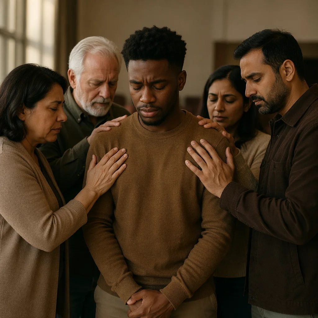Congregation Praying Around Young Man
