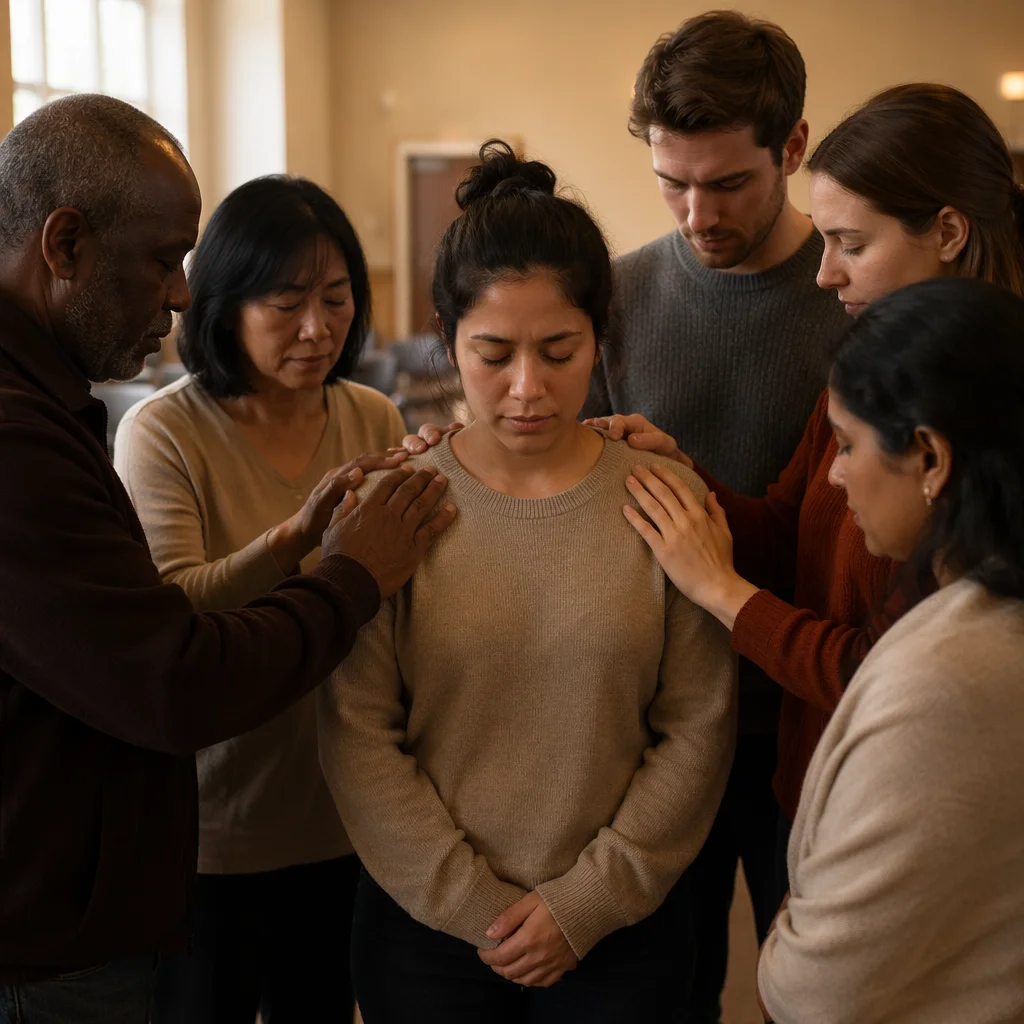 Congregation Gathered Around Woman in Prayer