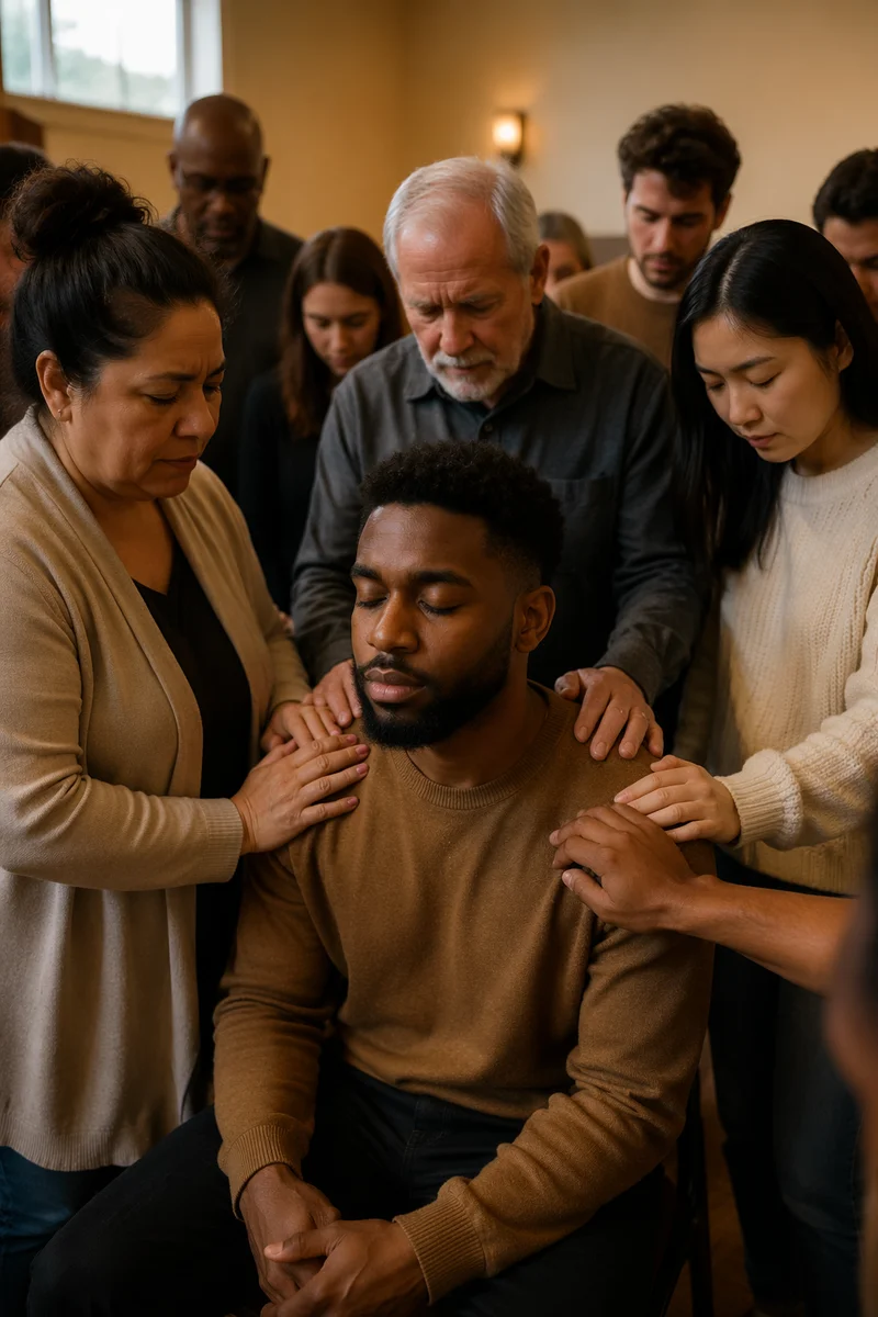 Congregation Praying Around Seated Young Man