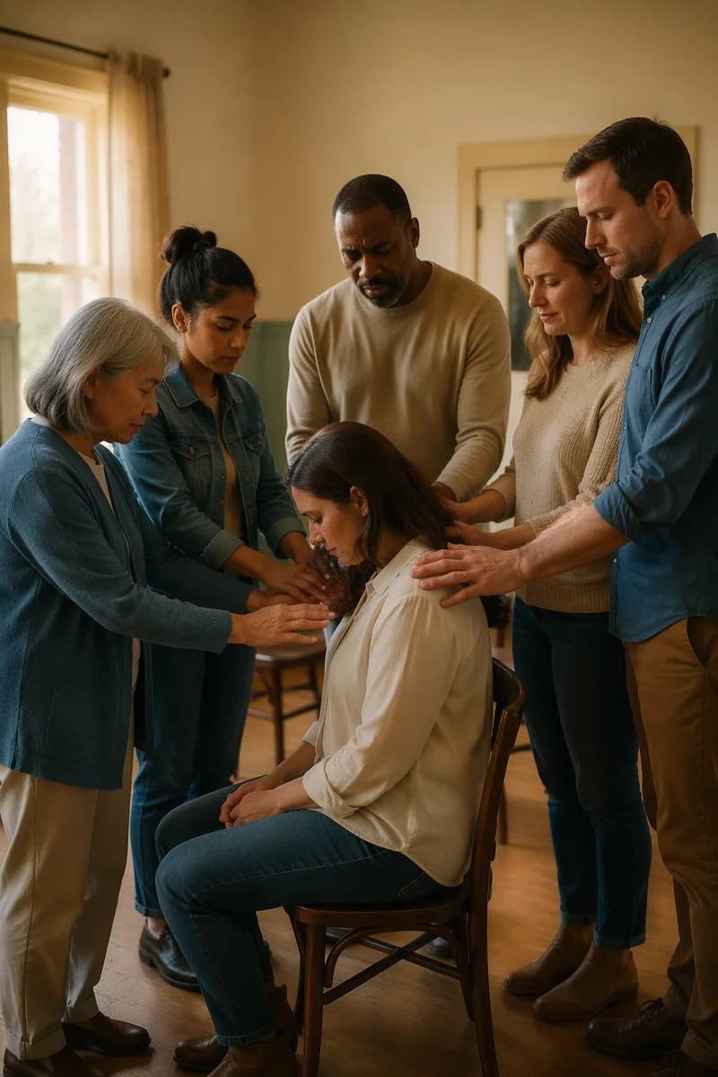 Congregation Praying Around Seated Woman