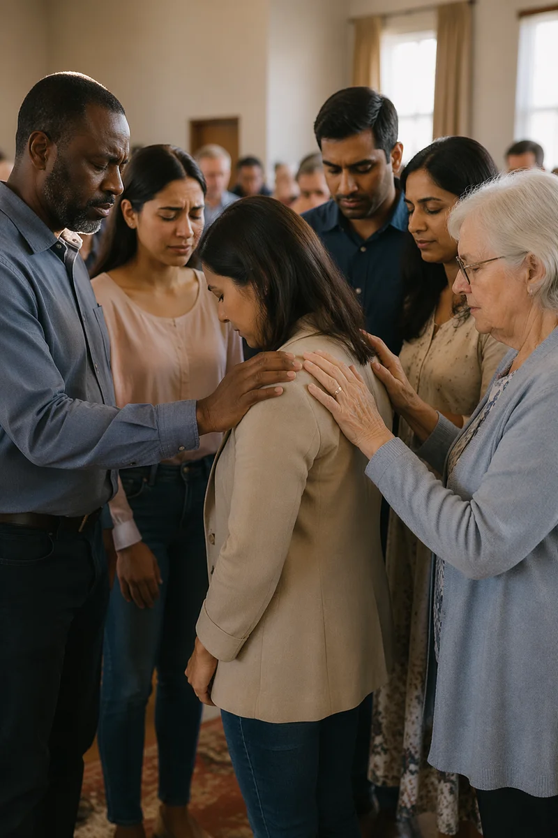 Congregation Praying Around Woman Indoors