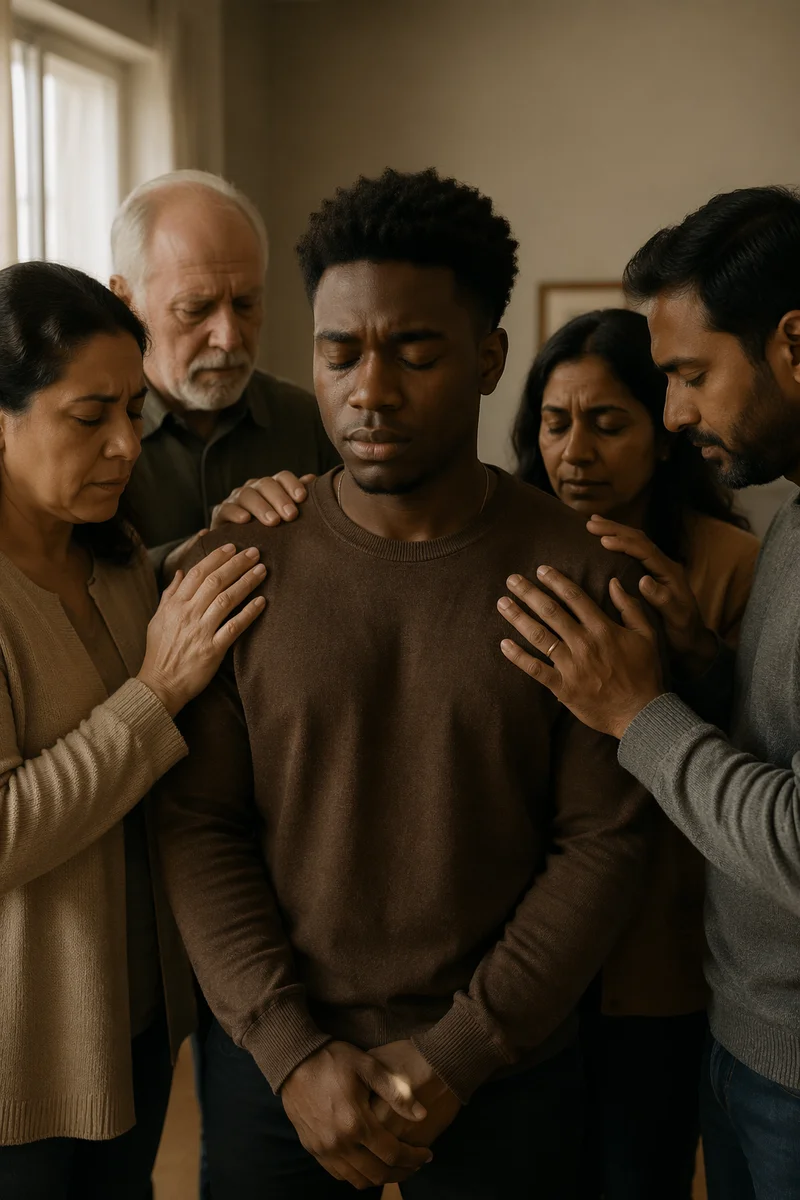Congregation Praying Around Young Man