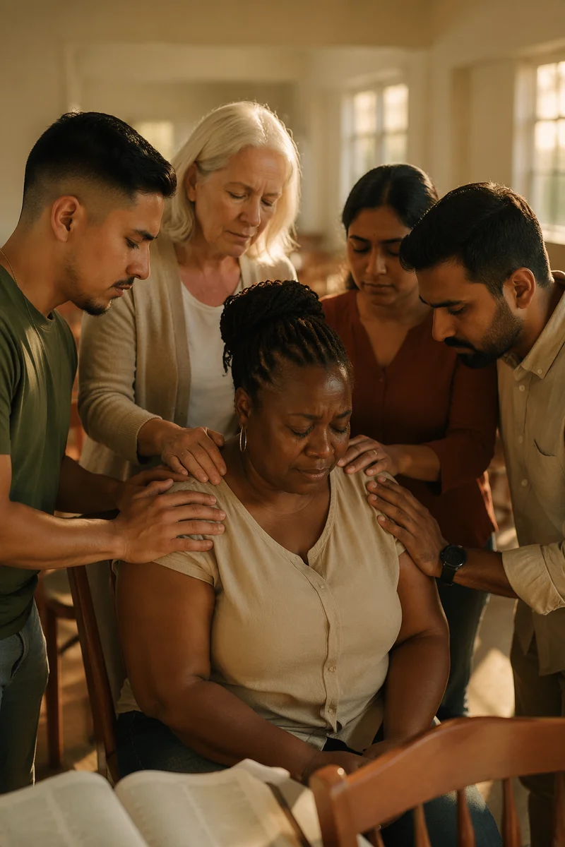 Congregation Praying Around Seated Woman